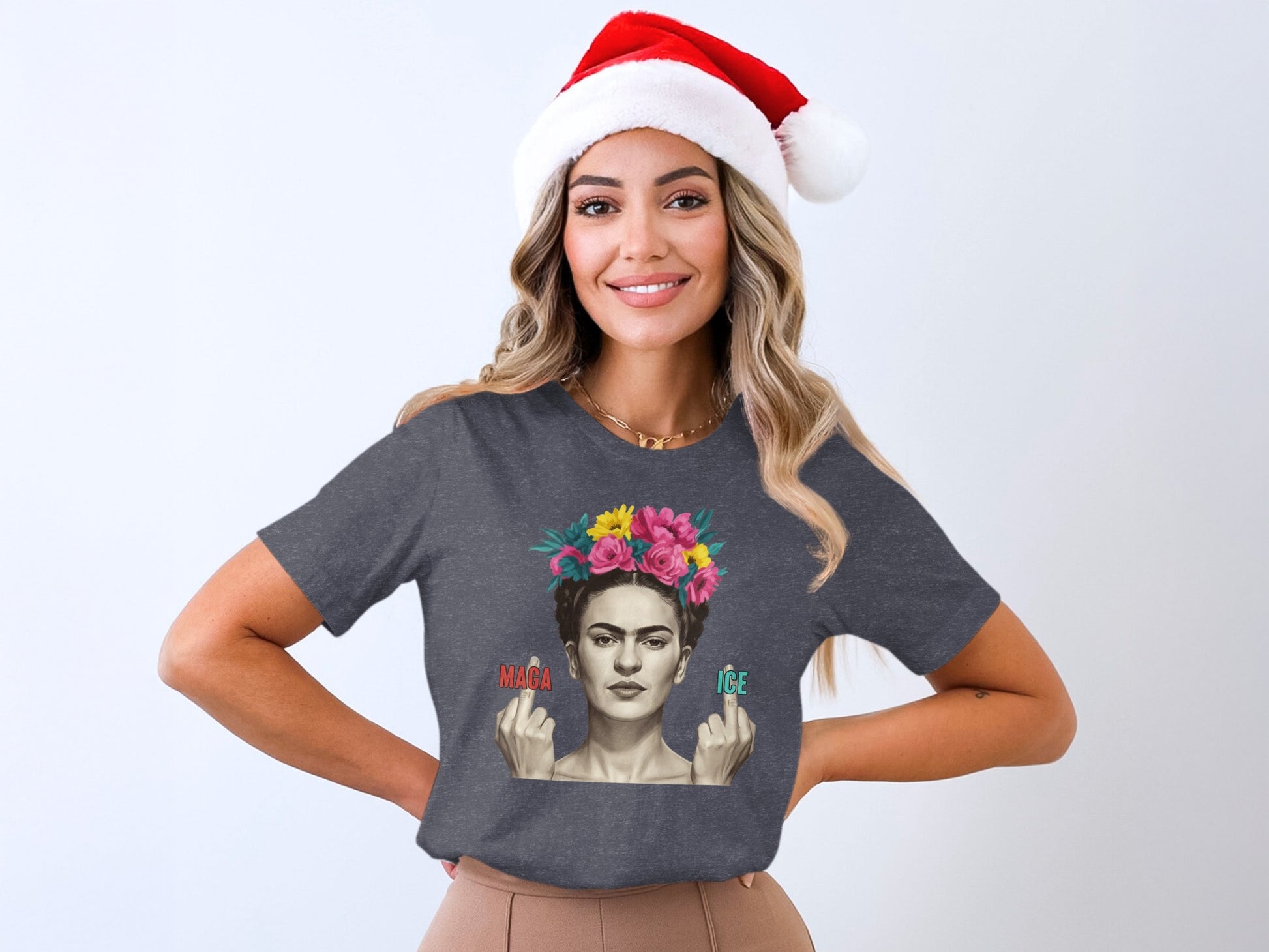 Festive Santa Hat Gray Frida Kahlo Graphic T-Shirt