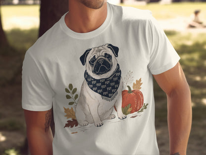 Cute Pug in Autumn with Pumpkin Graphic T-Shirt