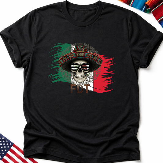 Black t-shirt with skull wearing sombrero, sunglasses, and Mexican flag design.
