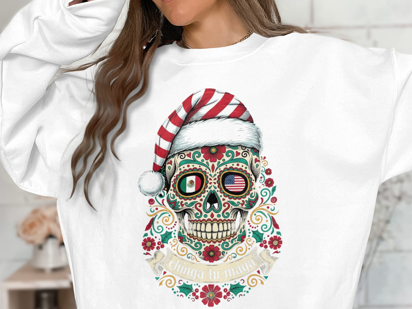 Festive Sugar Skull Sweatshirt with Santa Hat Design