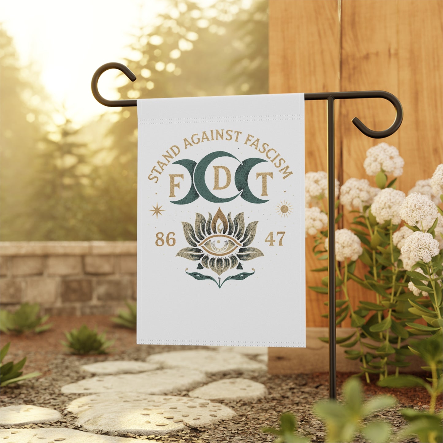 Stand Against Fascism Garden Flag — FDT Moon & Lotus Decorative Yard Banner