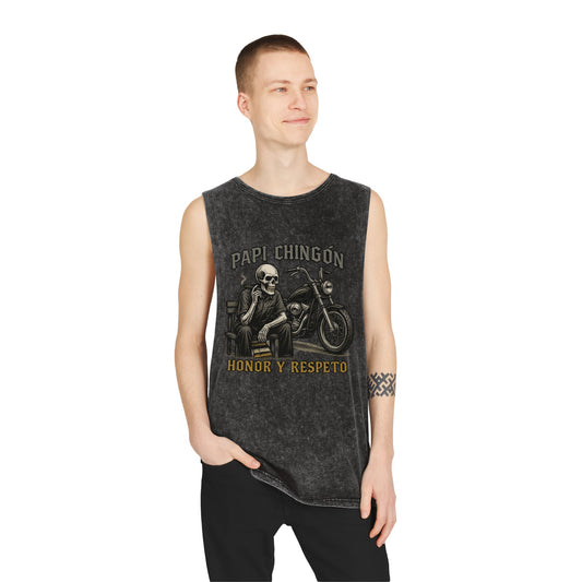 Unisex Stonewash Tank Top - Papi Chingón Skull Design, Casual Summer Wear, Motorcycle Lover Gift, Festival Outfit, Street Style