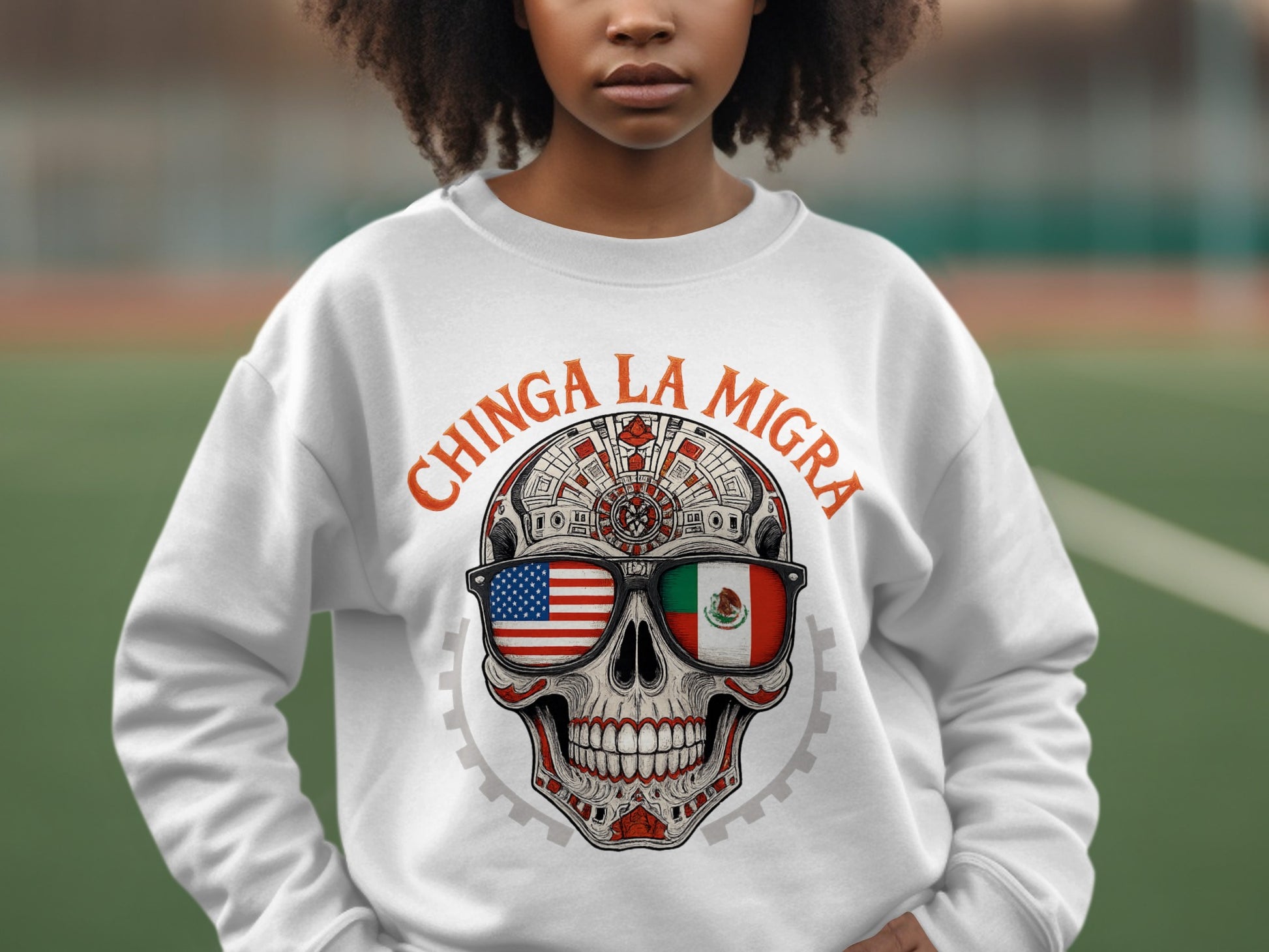 Chinga La Migra Skull with American and Mexican Flags