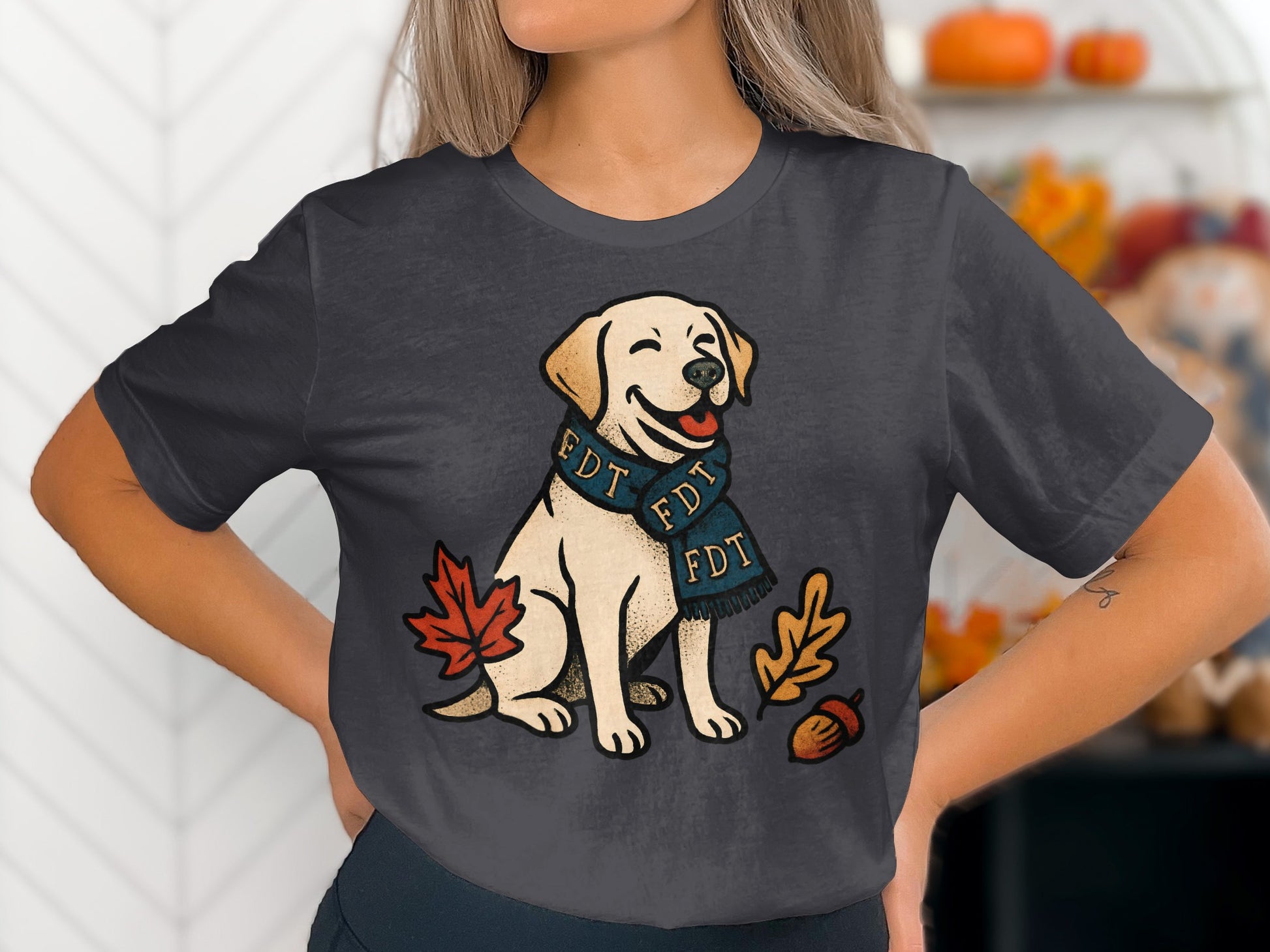 Cute Dog with Leaves and Acorn Graphic T-Shirt