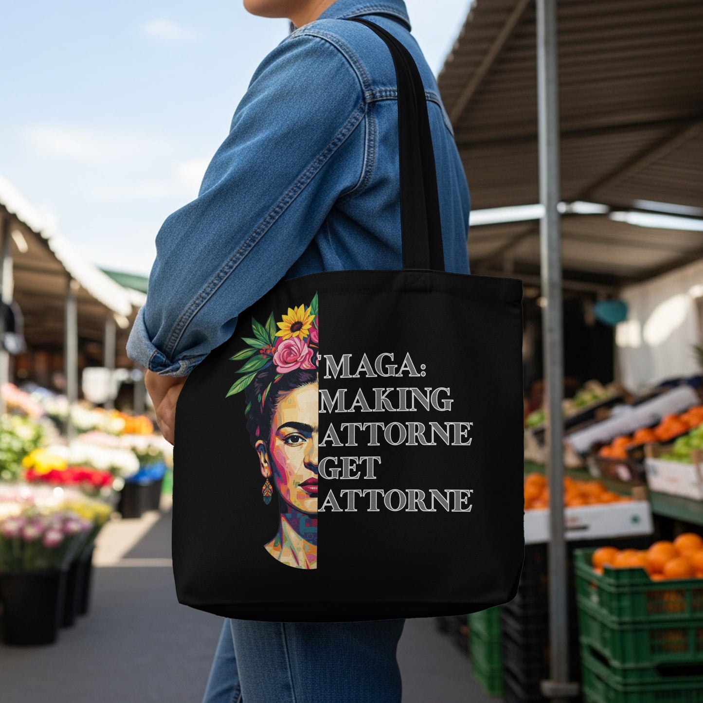 Black tote bag with Frida Kahlo portrait and "MAGA: Making Attorneys Get Attorneys" text.