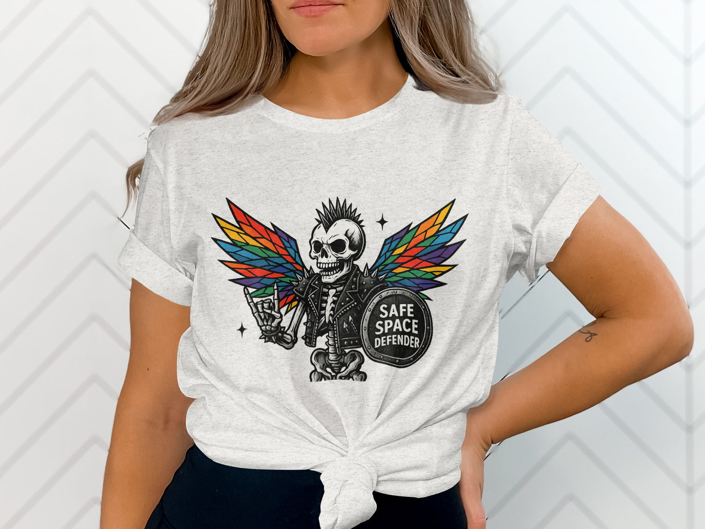 Safe Space Defender Rainbow Winged Skeleton Shirt