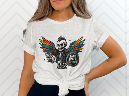 Safe Space Defender Rainbow Winged Skeleton Shirt