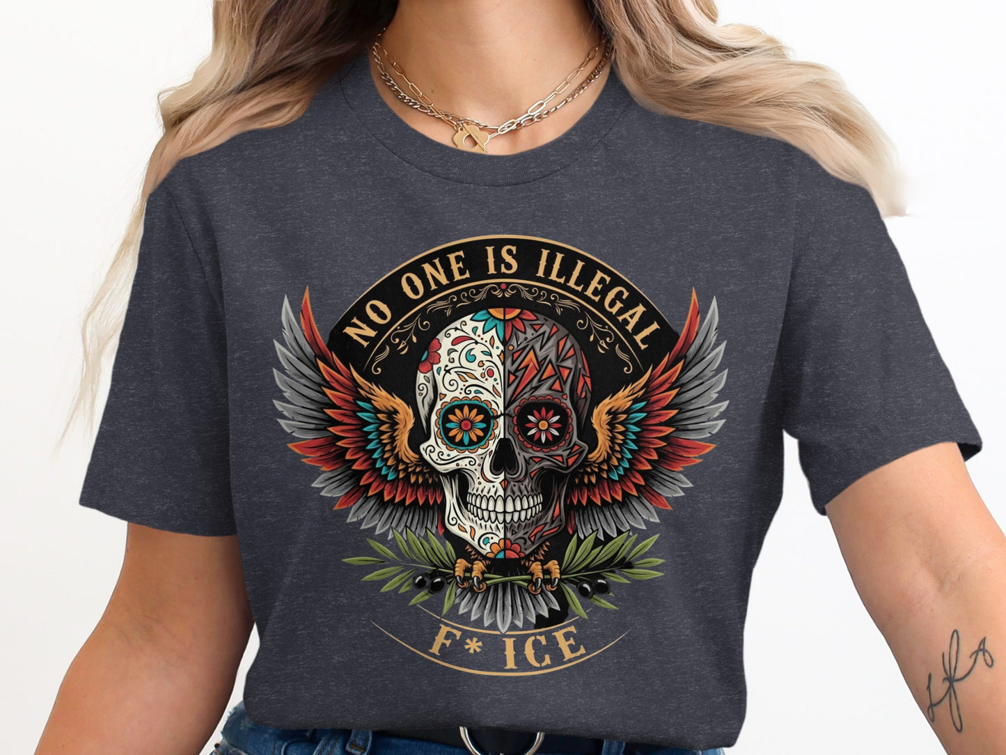 No One Is Illegal Skull Design Statement Shirt product