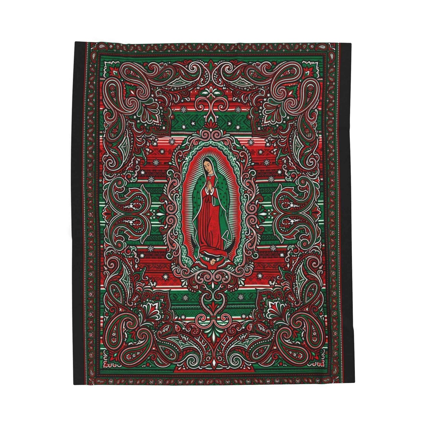 Our Lady of Guadalupe Blankets, Vibrant Red Green Paisley Design, Virgen De Guadalupe Folk Art, Mexican Inspired Throw, Sacred Blankets