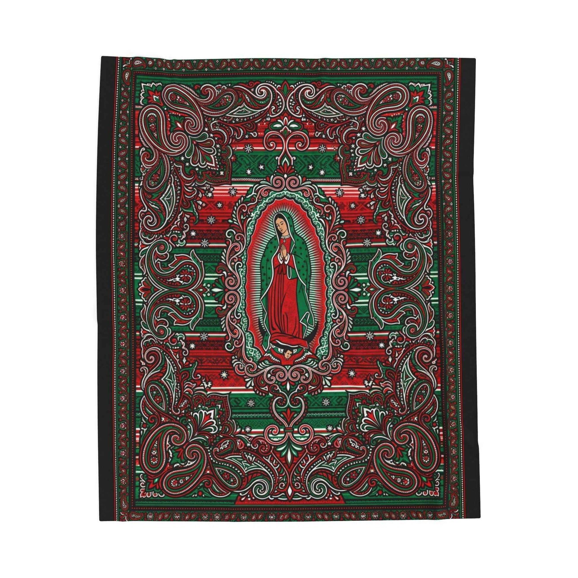 Our Lady of Guadalupe Blankets, Vibrant Red Green Paisley Design, Virgen De Guadalupe Folk Art, Mexican Inspired Throw, Sacred Blankets