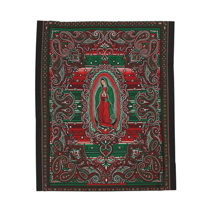 Our Lady of Guadalupe Blankets, Vibrant Red Green Paisley Design, Virgen De Guadalupe Folk Art, Mexican Inspired Throw, Sacred Blankets