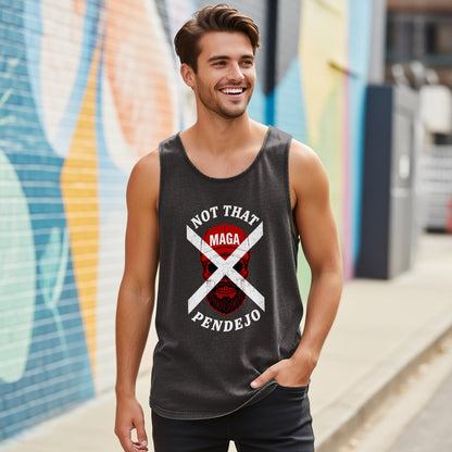 Man wearing charcoal tank top with "NOT THAT MAGA PENDEJO" graphic.