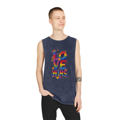 Unisex Stonewash Tank Top - 'Love Wins' Graphic Tee for LGBTQ+ Pride & Everyday Wear