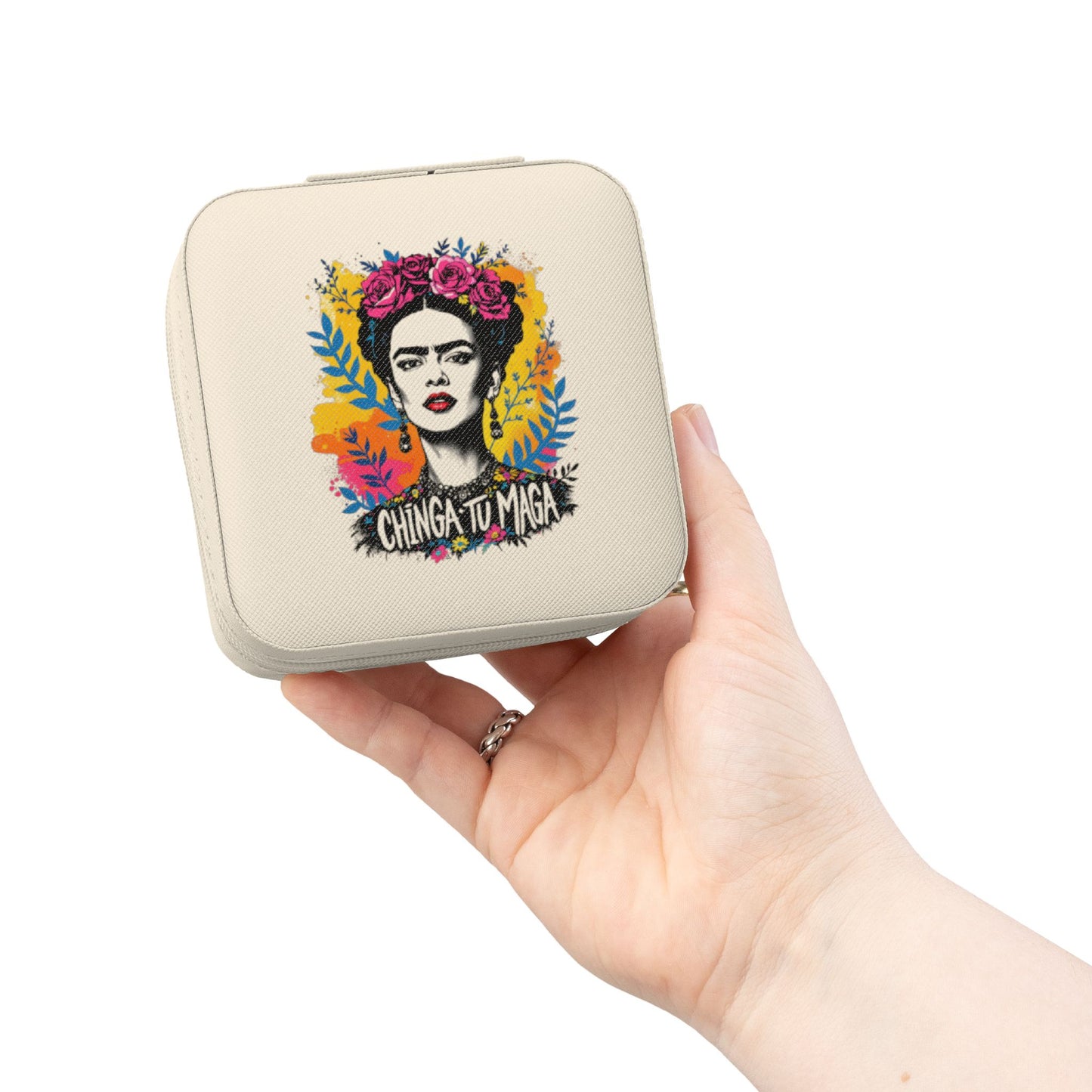 Frida Kahlo Floral Jewelry Travel Case – Compact Pink Organizer with Ring Rolls & Compartments