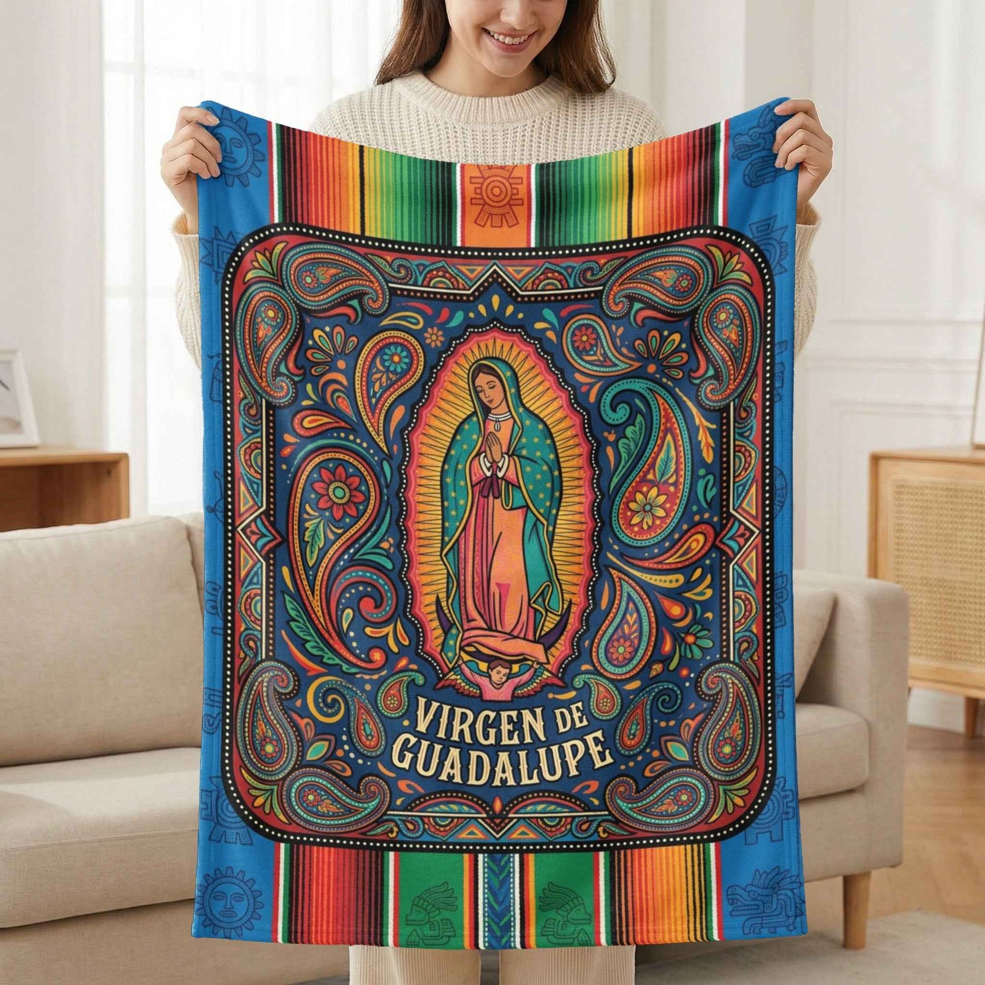 Vibrant Virgen de Guadalupe Blanket, Our Lady of Guadalupe Throw, Sacred Mexican Folk Art Decor, Colorful Aztec Serape Design, Unique
