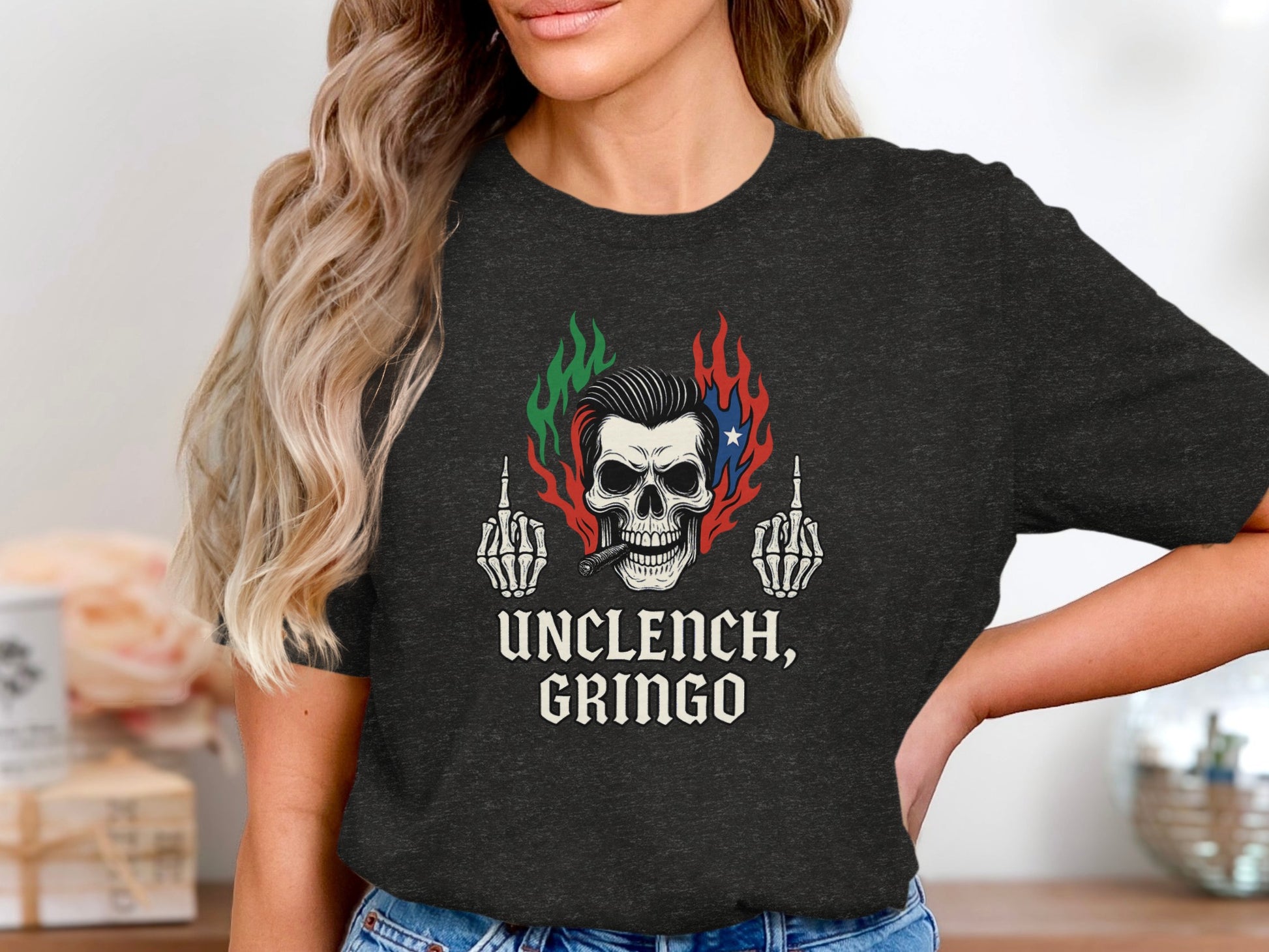 Unclench Gringo Skull Flames Graphic Tee Shirt product type