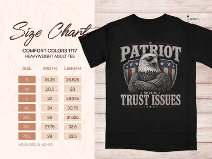 Black t-shirt with "Patriot Trust Issues" graphic and size chart.