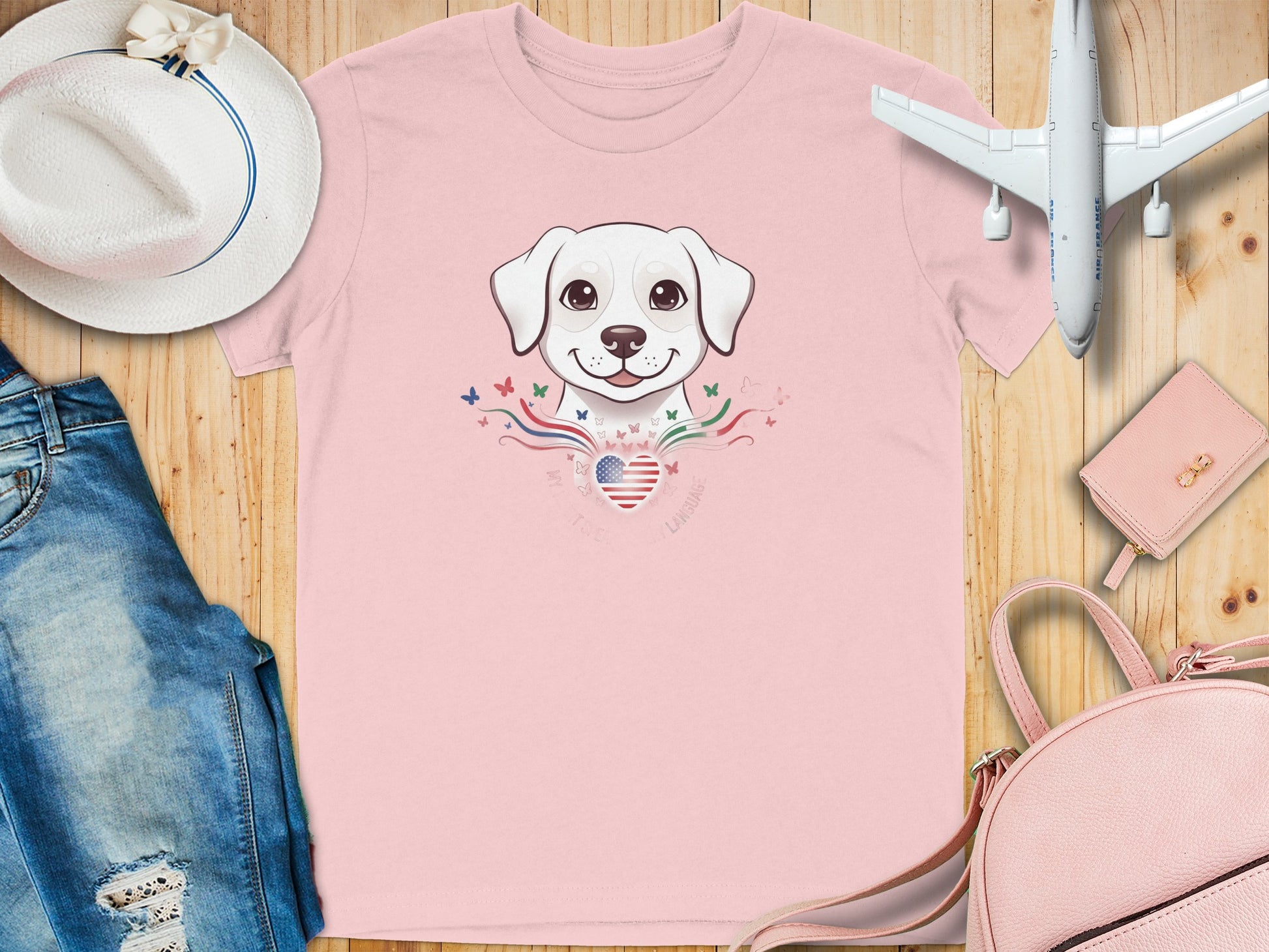 Cute Puppy Graphic with Heart and Butterflies T-shirt