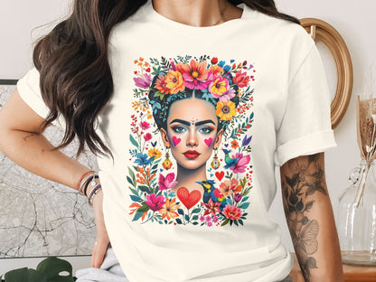 Vibrant floral woman face design colorful birds hearts product type