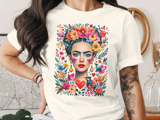 Vibrant floral woman face design colorful birds hearts product type
