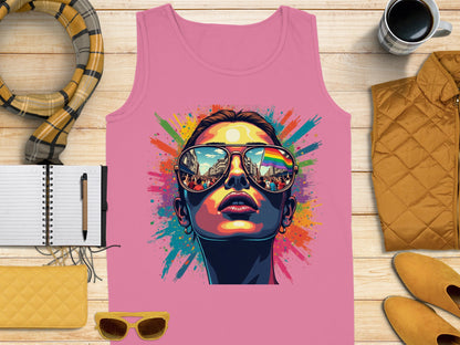 Colorful Reflective Sunglass Art on Pink Tank Top product type