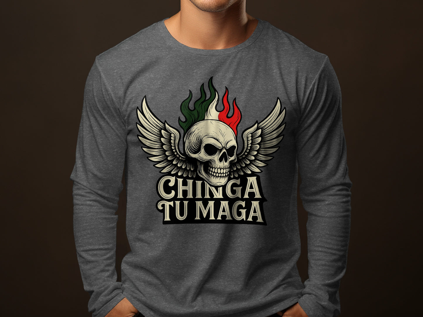 Chinga Tu Maga Skull Graphic Long Sleeve Shirt