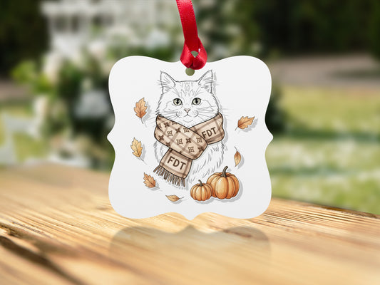 Cozy Cat with Pumpkin and Leaves Ornament