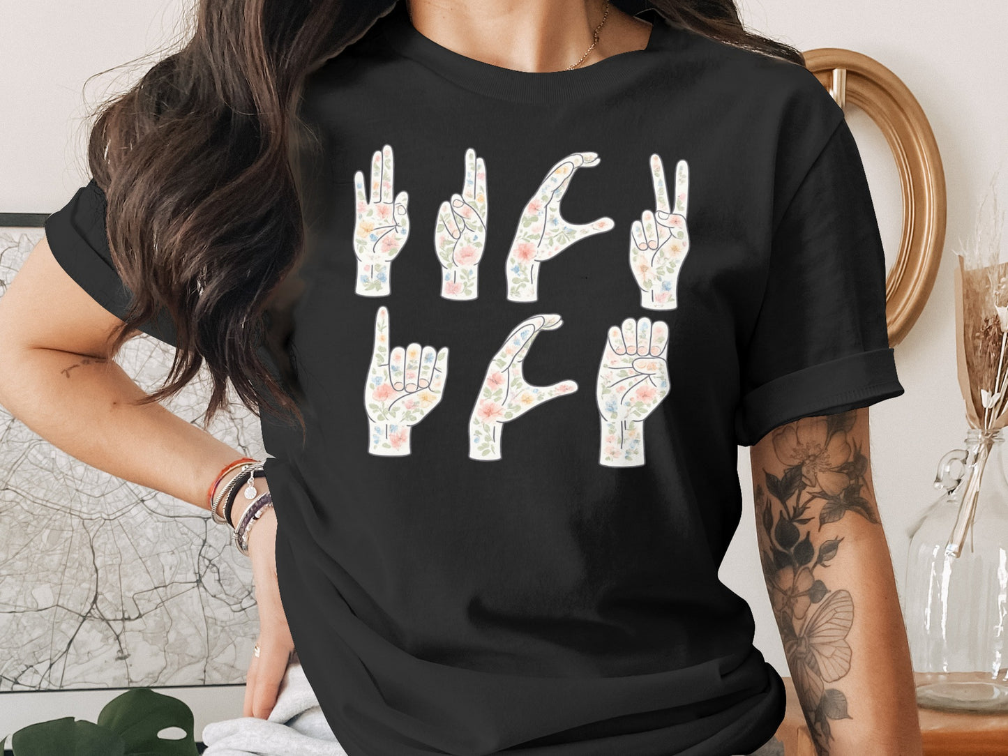 Floral American Sign Language Hand Symbols Shirt