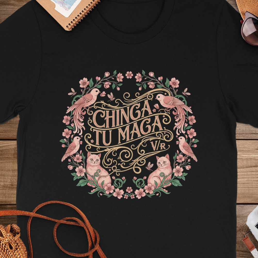 Chinga Tu Maga VR Floral Cat and Bird Design Shirt