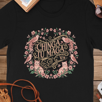 Chinga Tu Maga VR Floral Cat and Bird Design Shirt