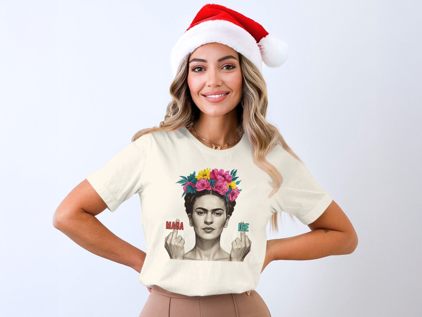 Festive Frida Graphic Tee with Santa Hat Design