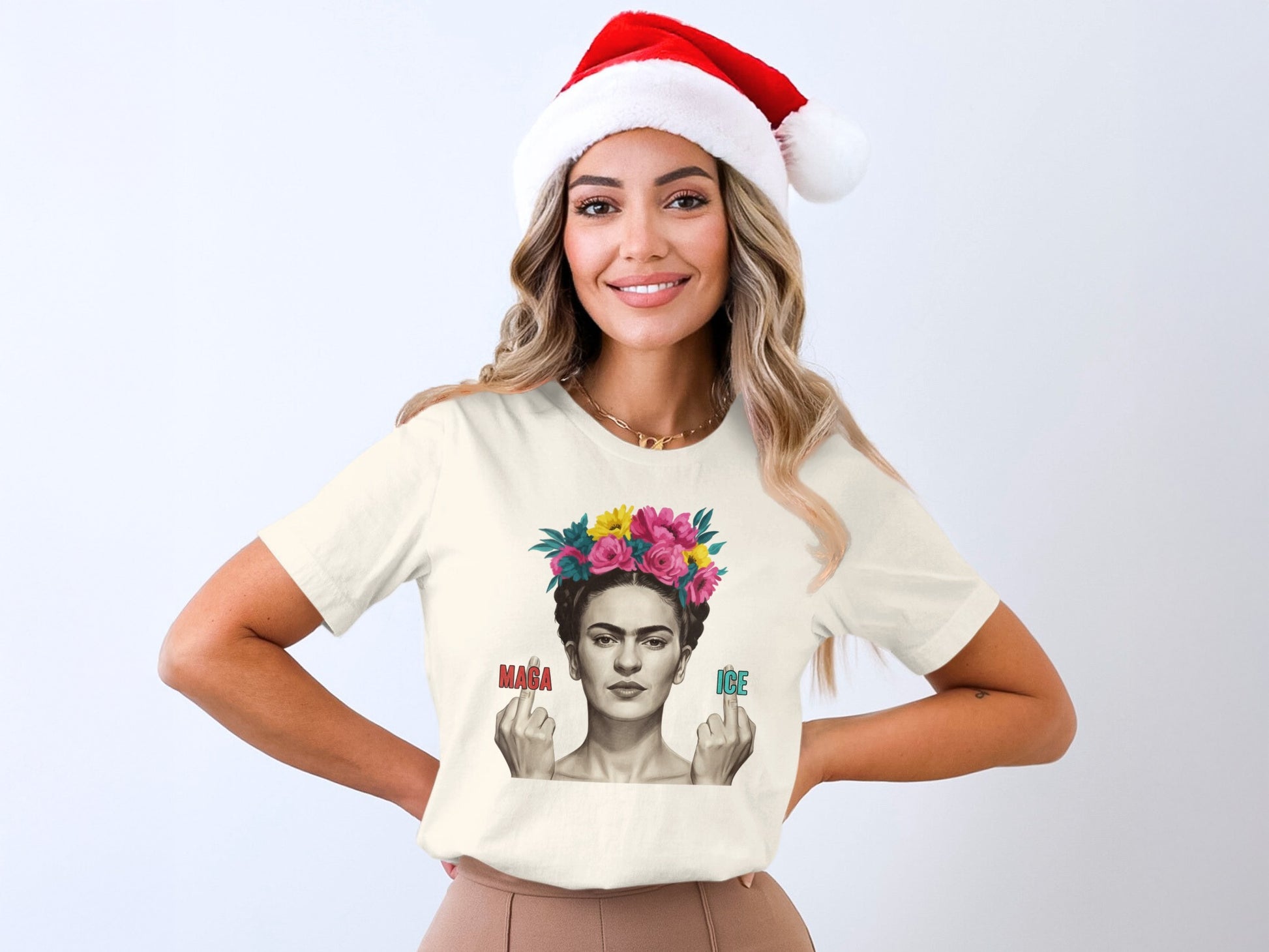 Festive Frida Graphic Tee with Santa Hat Design