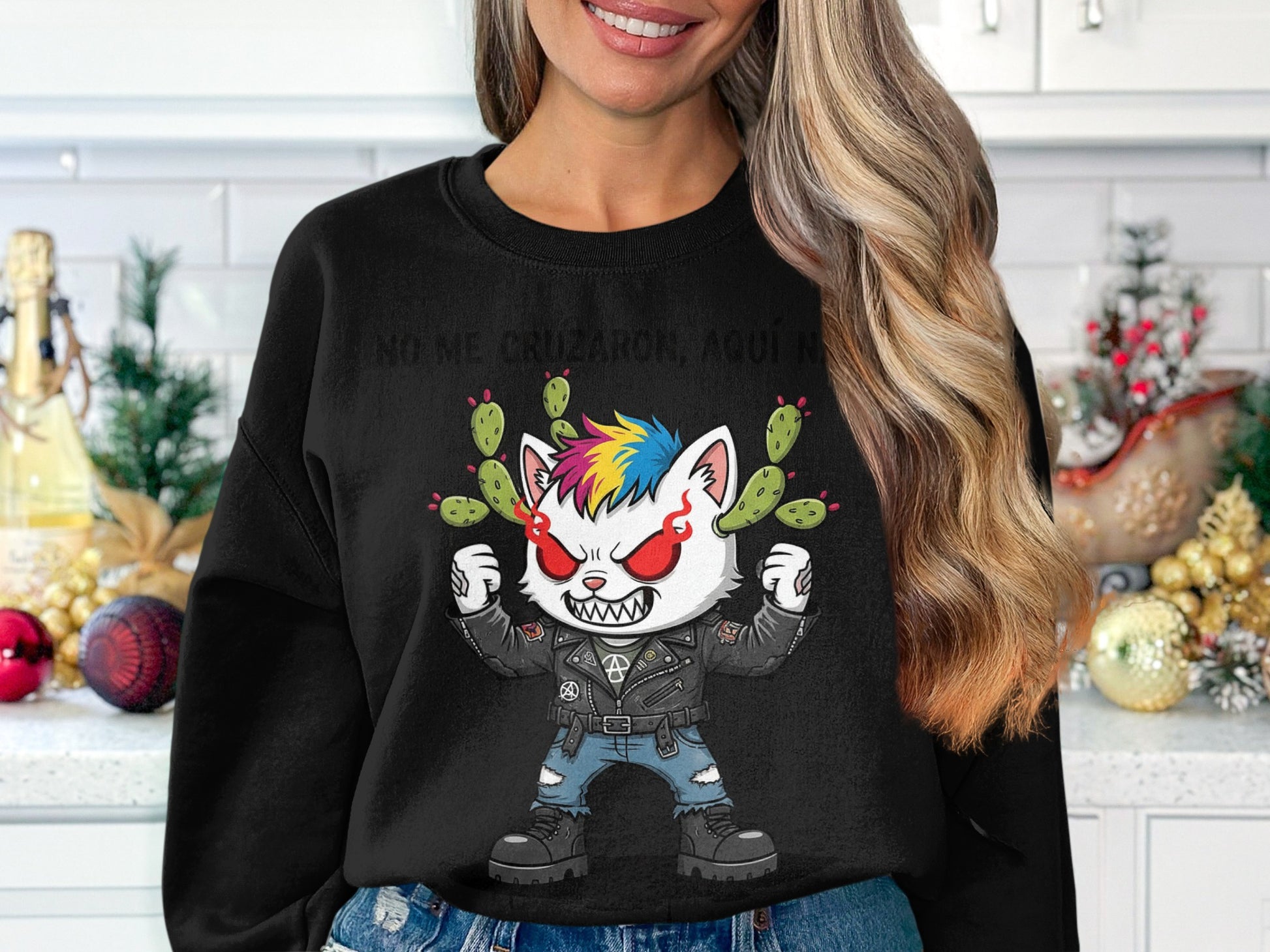Colorful Punk Cat Cactus Graphic Black Sweatshirt product