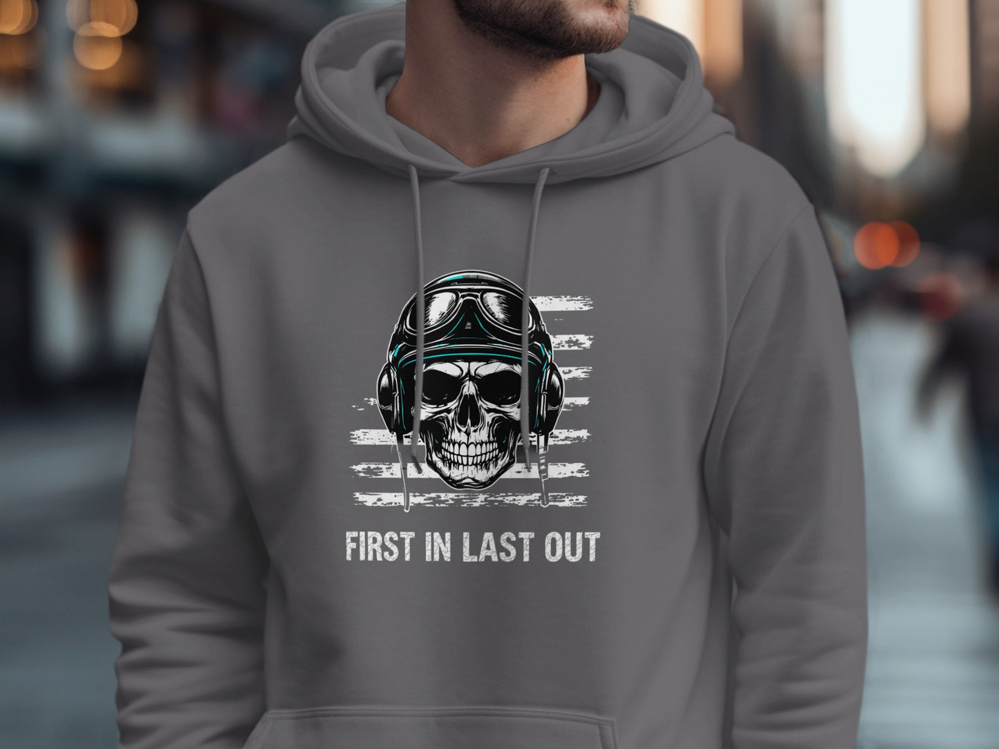 FIRST IN LAST OUT Skull Graphic Hoodie