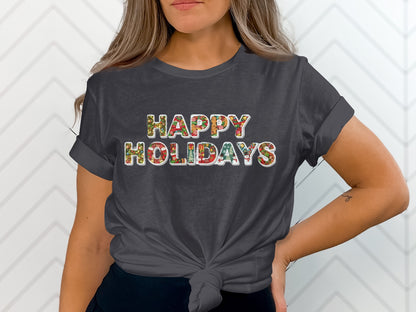 Festive Happy Holidays Graphic Tee Fashionable Top