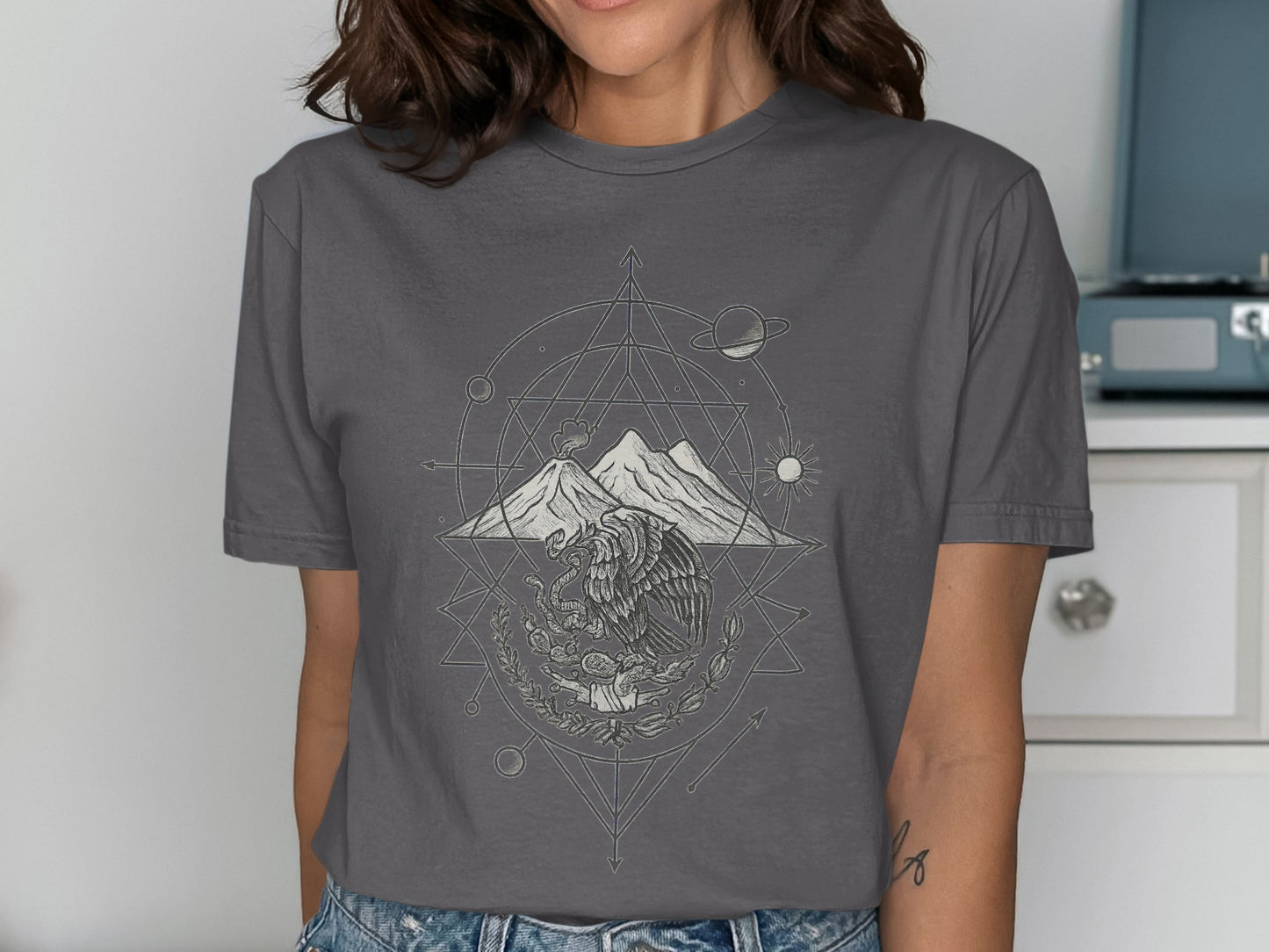 Geometric Mountain and Eagle design on grey product shirt