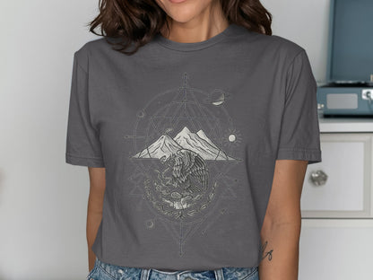 Geometric Mountain and Eagle design on grey product shirt