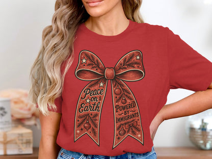 Red Shirt With Peace On Earth Powered By Immigrants Design
