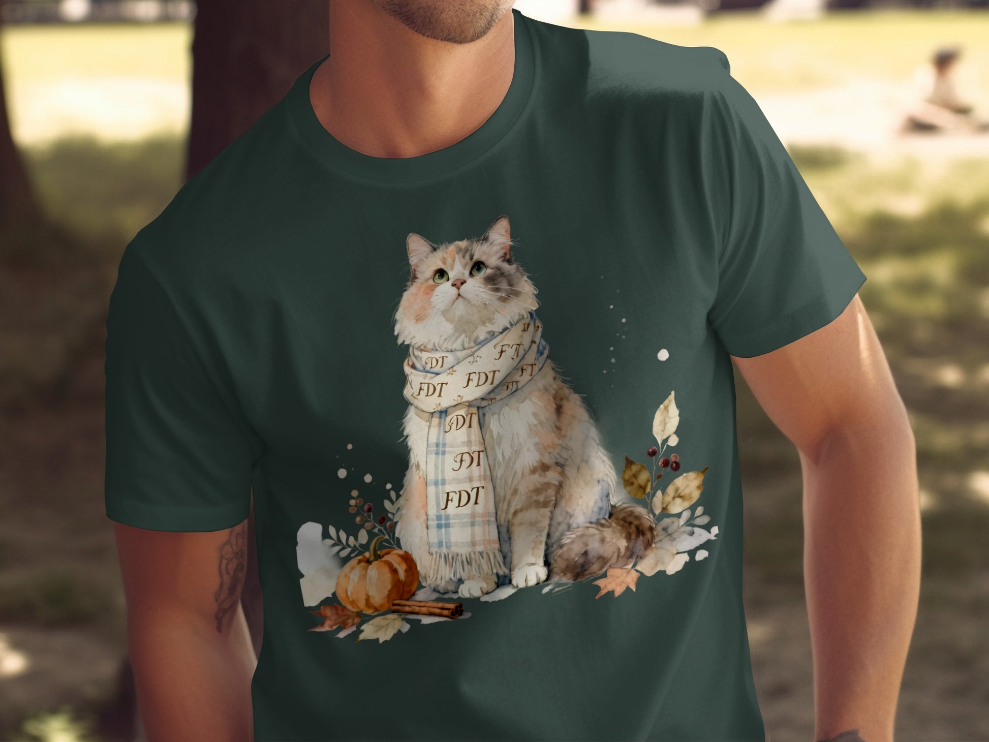 Cute Cat with Autumn Pumpkins Design T-shirt