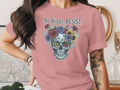 No Kings RESIST Skull Floral Print Graphic Shirt product type