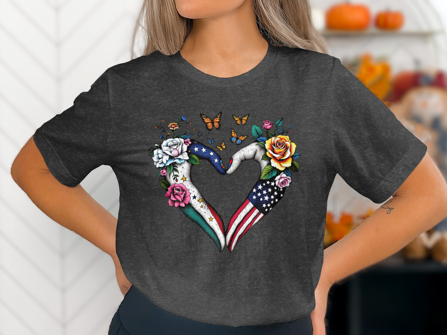 Heart Hand Floral Design with Butterflies T-Shirt