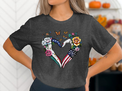 Heart Hand Floral Design with Butterflies T-Shirt
