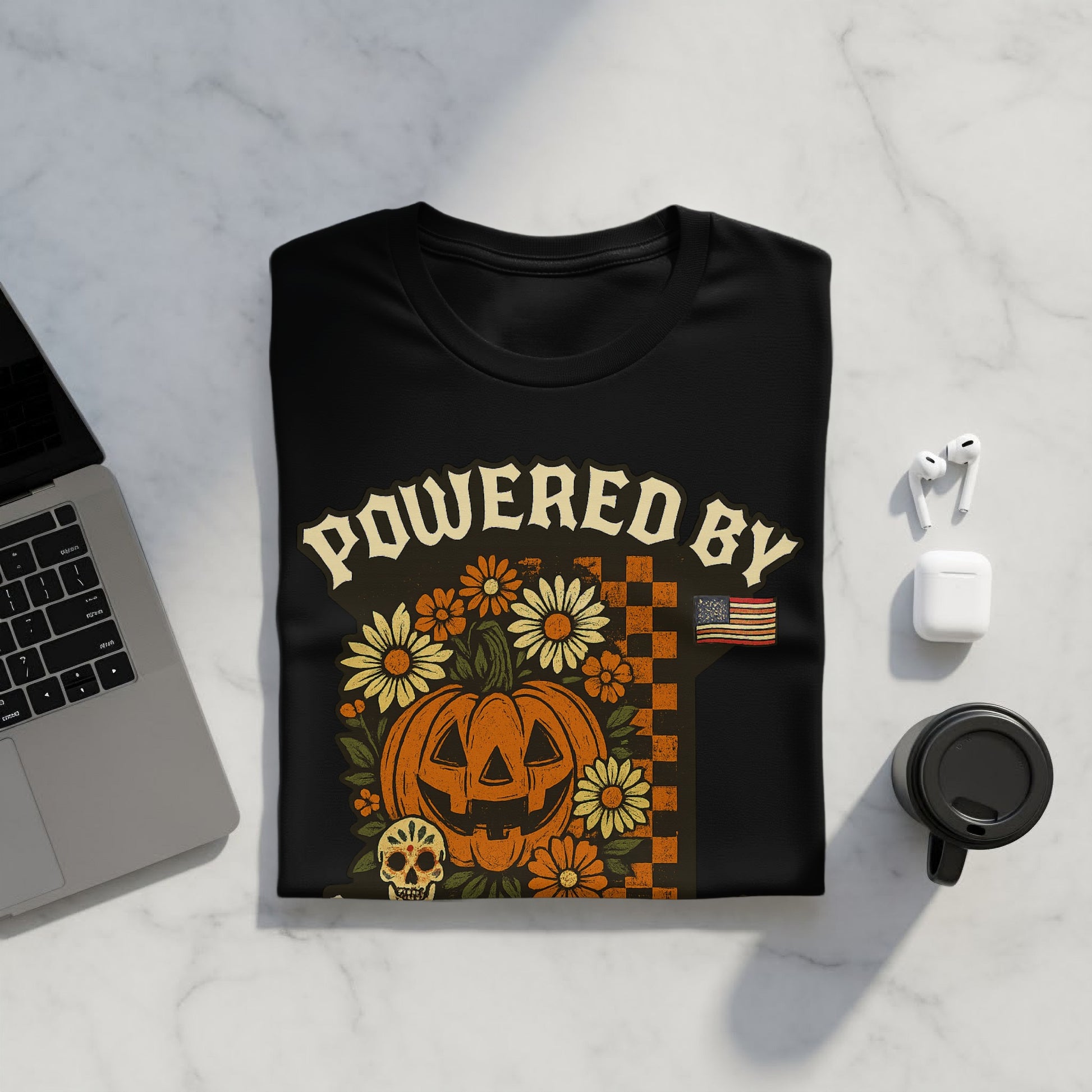 Powered By Halloween Pumpkin Themed Shirt Product Type