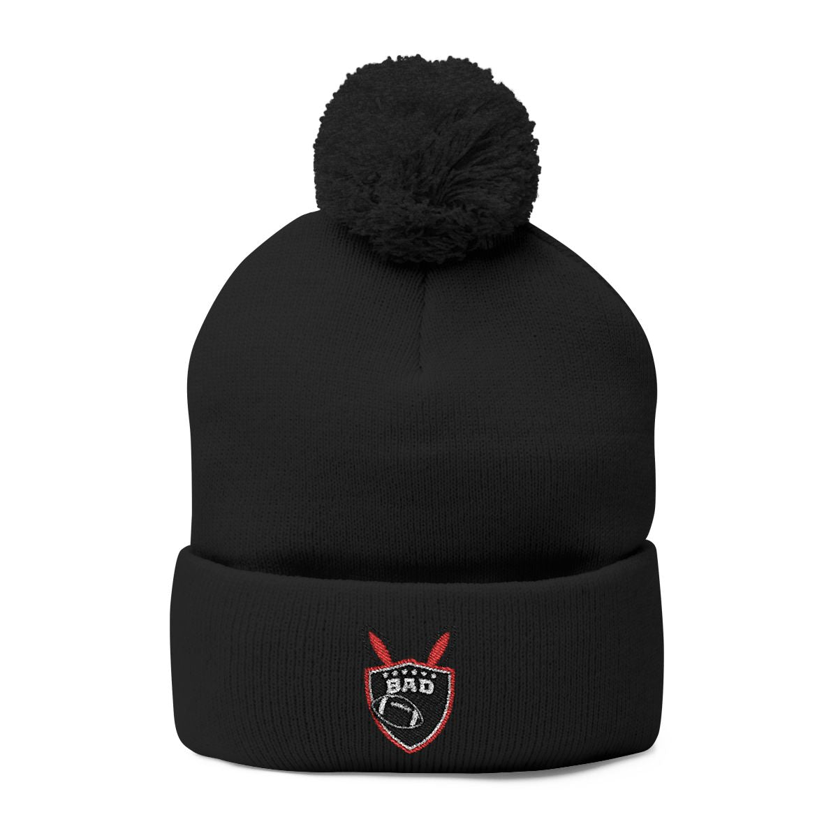 Black Pom-Pom Beanie with Embroidered Shield Design