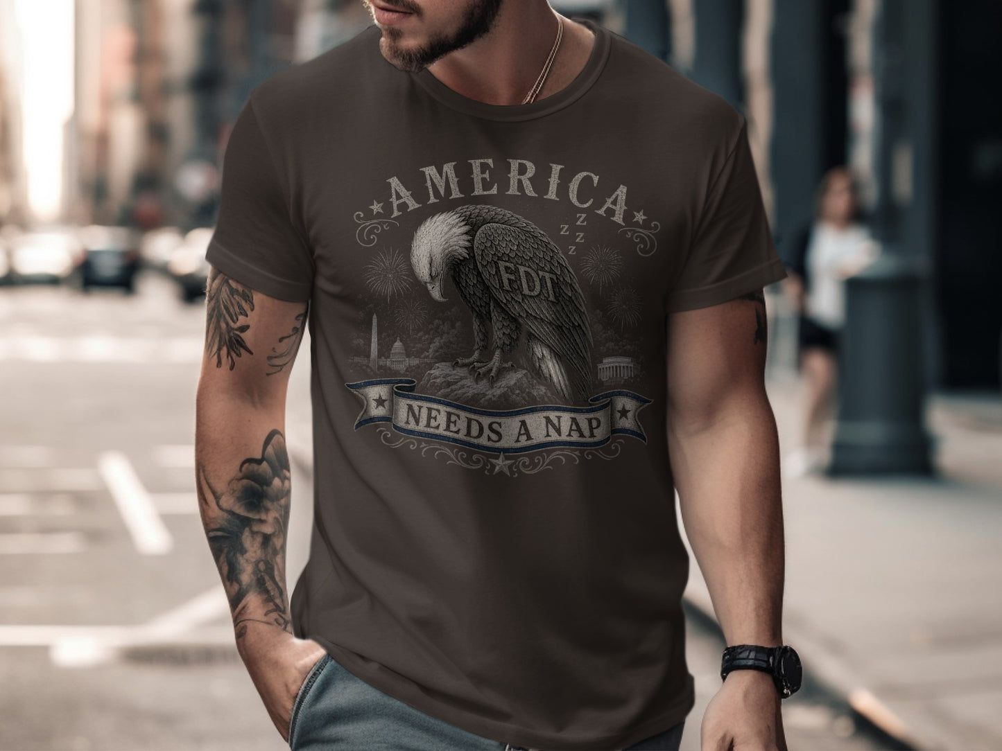 Brown t-shirt featuring an eagle and "AMERICA NEEDS A NAP" text.