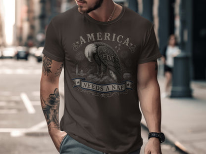 Brown t-shirt featuring an eagle and "AMERICA NEEDS A NAP" text.