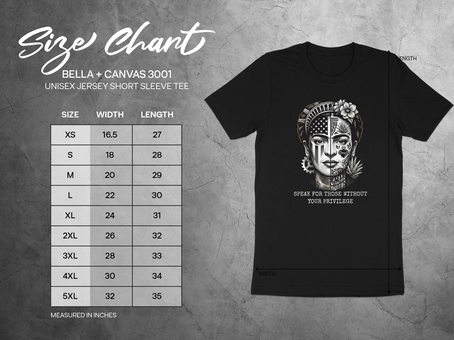 Bella + Canvas 3001 unisex tee size chart with graphic and text.