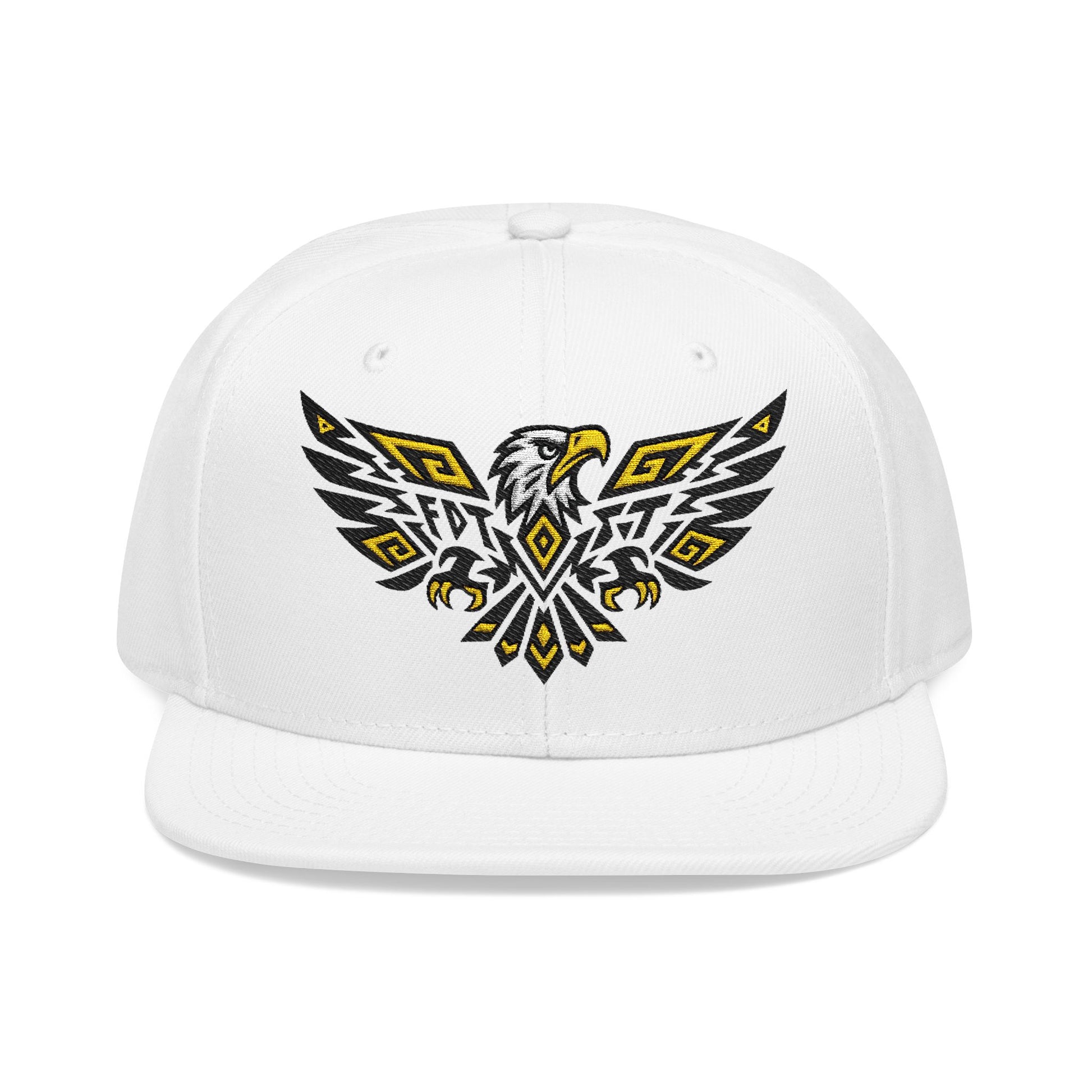 White snapback hat with embroidered tribal eagle design in black and yellow.