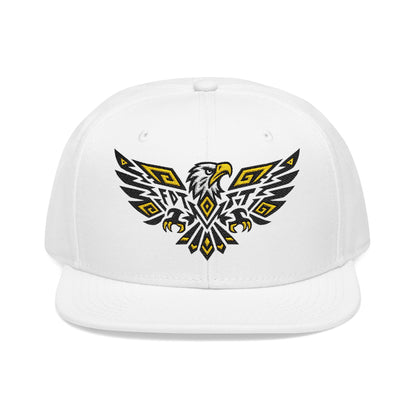White snapback hat with embroidered tribal eagle design in black and yellow.