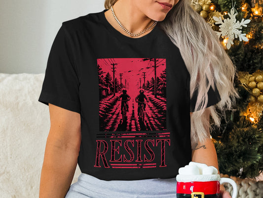 Black t-shirt with "RESIST" and distressed Stranger Things-inspired scene.